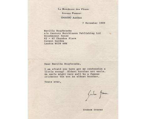  GREENE GRAHAM: (1904-1991) English Novelist. Brief T.L.S., Graham Greene, one page, 8vo, La Residence des Fleurs, Antibes, 7
