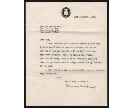 MACDONALD J. RAMSAY: (1866-1937) British Prime Minister 1924, 1929-35. T.L.S., J. Ramsay MacDonald, one page, 4to, n.p. (Lond