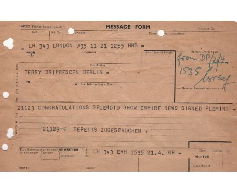 [FLEMING IAN]: (1908-1964) British Author, creator of James Bond. A small selection of four printed Telegrams (received copie