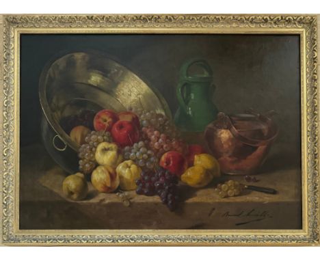 ALFRED ARTHUR BRUNEL DE NEUVILLE (1851-1941) OIL ON CANVAS ''STILL LIFE OF APPLES &amp; GRAPES, JUG &amp; BOWL''SIGNED LOWER 