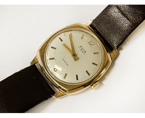 AVIA CUSHION CASED 9CT GOLD WATCH WITH LEATHER STRAP