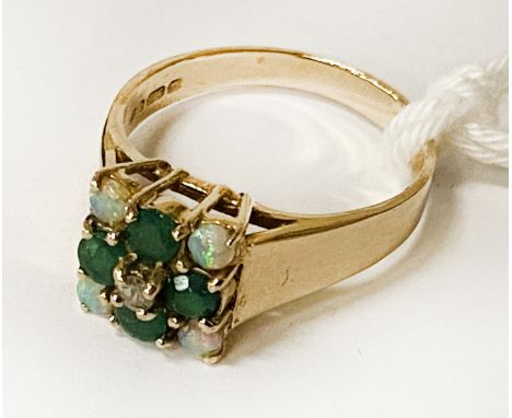9CT GOLD EMERALD/OPAL &amp; DIAMOND RING SIZE M