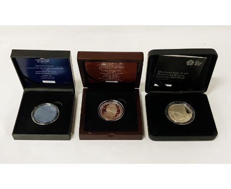 TWO SILVER PROOF COINS WITH CERTIFICATES BOXED &amp; A BLUE BOXED TITANIUM PROOF COIN (SILVER CONTENT)
