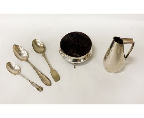 3 X SILVER SPOONS WITH PIN CUSHION AND JUG - ALL SILVER