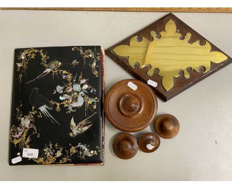 Mixed Lot: Small brass wall plaque, Victorian black lacquer and mother of pearl decorated folder and other items