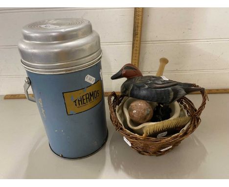 Mixed Lot: Vintage Thermos flask, model duck, small white metal trinket box, pestle and mortar, baskets etc