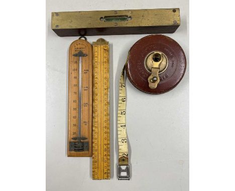 Mixed Lot: Folding wooden ruler, vintage thermometer, spirit level etc