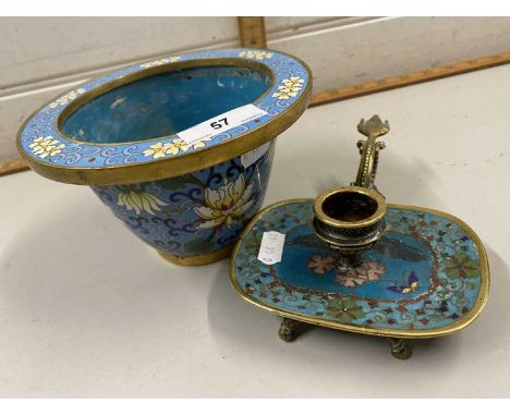 Modern Chinese Cloisonne jardiniere and similar chamber stick