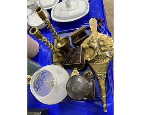 Mixed Lot: Various brass wares to include bellows, candlesticks, plus further table lamp, a leather mounted decanter etc