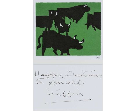 ‡ SIR KYFFIN WILLIAMS RA letterrpress print from linocut and greetings card - group of Welsh black cattle in a green backgrou