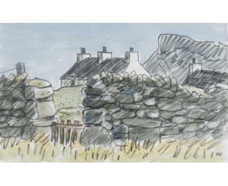 ‡ SIR KYFFIN WILLIAMS RA mixed media - upland cottage behind dry-stone walls and gate, 'Cottage Cilgwyn', signed with initial