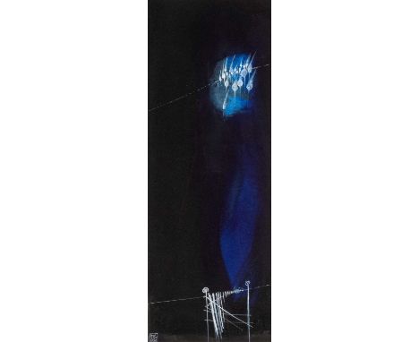 ‡ DEWI TUDUR mixed media on card - nocturnal landscape with fence and gate , signed and dated 2010, 46 x 16cmsProvenance: pri