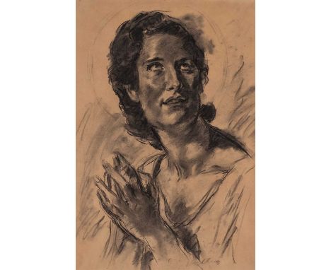 ‡ EVAN WALTERS charcoal - head and shoulders portrait with hands clasped, entitled verso 'Portrait 1929', signed, 51 x 34cmsP