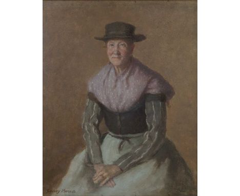 ‡ CAREY MORRIS oil on canvas - portrait of Mrs Evans, a Llangwm fisherwoman, wearing wide-brimmed hat, skirt, apron and shawl