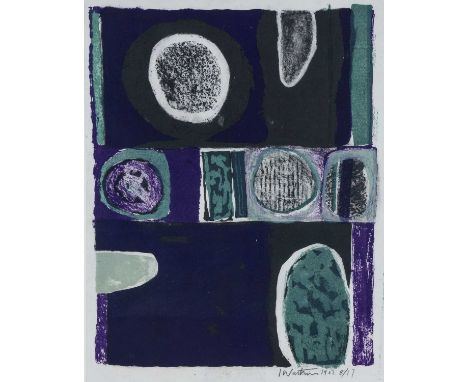 ‡ ISLWYN WATKINS limited edition (8/17) lithograph - purple and green abstract, signed and dated 1962, 45 x 34cms, together w