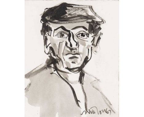 ‡ MIKE JONES ink on paper - portrait of a man wearing a flat cap, signed, 23 x 18cmsProvenance: private collection CardiffCom