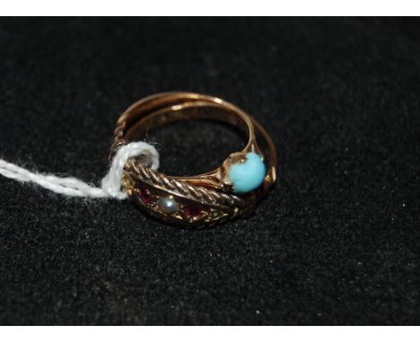 Antique rose gold ring set with 3 half pearls & 2 rubies, and one other yellow metal ring set with turquoise together with 2 