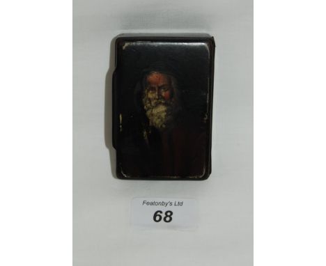 Antique papier mache snuff box with hand painted lid depicting a white bearded man (poss Russian).