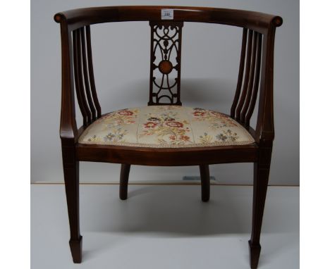 Late 19th/early20thC mahogany ladies bow armchair with fretwork back splat and inlaid marquetry decoration on tapered legs.