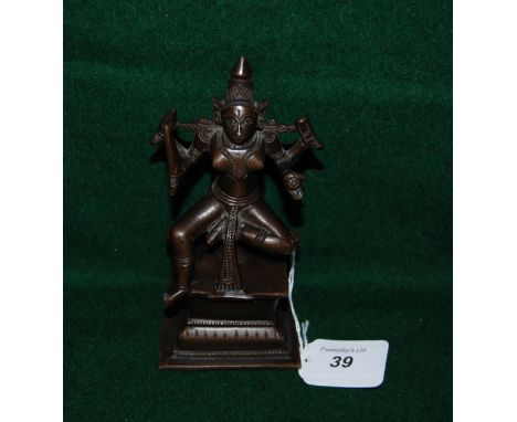 Bronze figure of an Indian godess who has four arms on a fixed base, 15cm total weight.