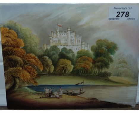 Antique ceramic glazed tile hand painted titled 'Verso Belvour Castle'. 15.5x18.5cm