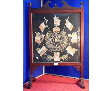 WW2 royal engineers tapestry fitted in mahogany fire screen, 83cm tall