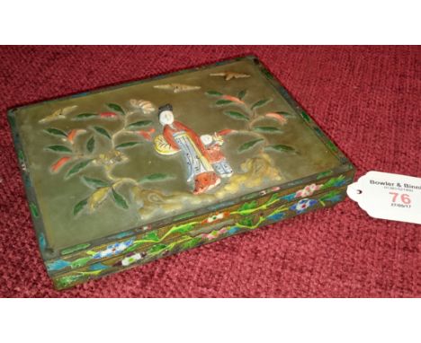 Chinese gilt metal trinket box with enamel painted sides, the top has glass design birds and carved mother and child figure, 