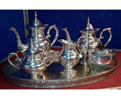 Viners of Sheffield gallery tray with EP tea/coffee service and sugar pot