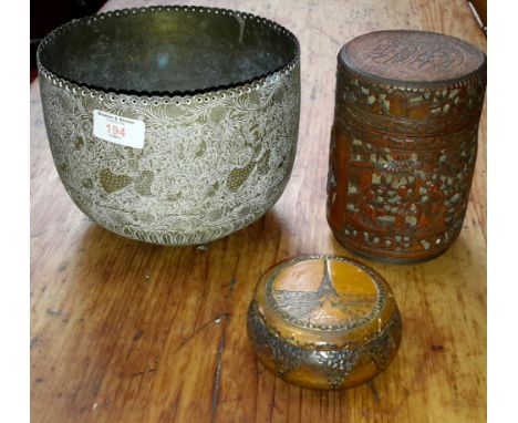 Arabic brass planter, bamboo oriental hand carved tobacco jar with signature to the base & French poker work box 