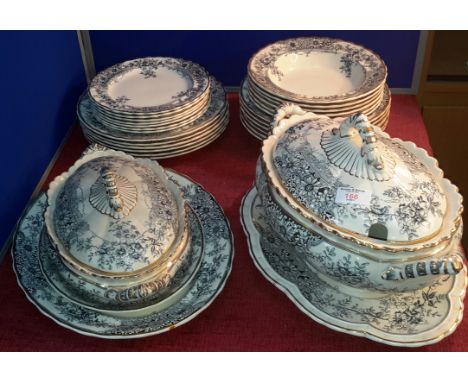 30 piece blue, white & gilt 'Stirling K & Co' dinner service with platters & tureens