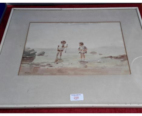 Watercolour of children playing at the waterfront, signed T. Paterson, 25x35cm 