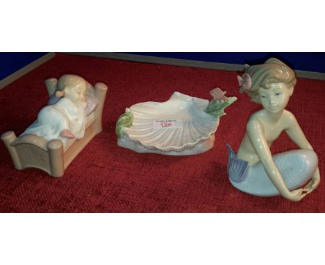 3 Nao figurines of a mermaid, shell dish & girl in bed 