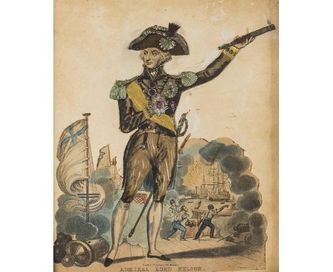 NO RESERVE Trafalgar.- Decoupage.-  Admiral Lord Nelson, hand-coloured mezzotint with applied decoration in embossed metal fo