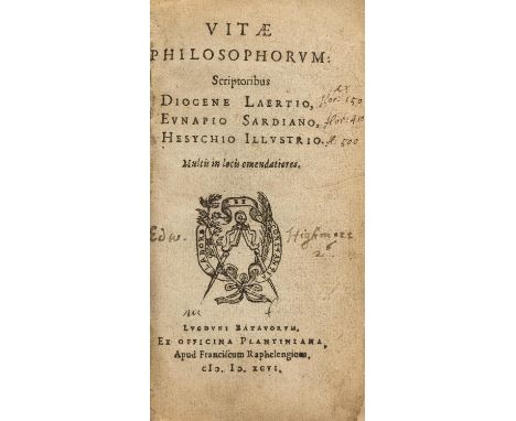 NO RESERVE Plantin printing.- Laertio (Diogene) Vitæ Philosophorum, first edition, previous owner's ink signature to title an