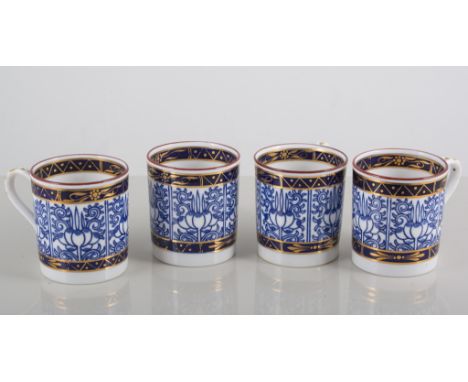 Eight Royal Worcester coffee cans and saucers, blue and white decoration.