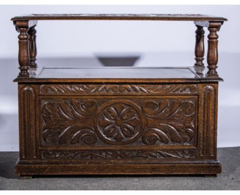 Carved oak Monk's bench, with a rectangular top, box base, 107cm, (damaged).