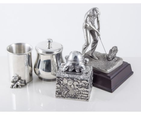 Chinese pewter tea caddy, with four decorated panels, 11cm; another pewter tea caddy, Royal Selangor and other pewter cups, c