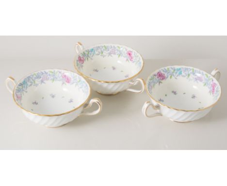 Minton bone china dinner service, Printemps pattern, comprising of 6 each or dinner, dessert and side plates, twin handled bo