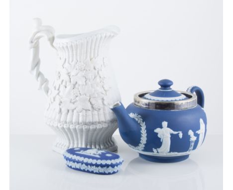 Adams Jasperware teapot, hot water jug, etc., moulded Victorian salt glazed jug and Copeland & Garrett feeding cup, (6).