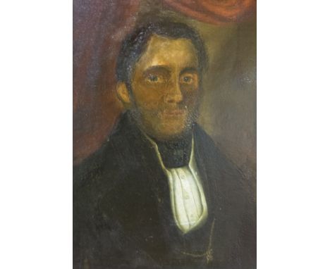 English School, Portrait of a Gentleman, oil on artists board, labelled verso, "painted by B Hudson Jnr, Feb 1839, No 25", 41