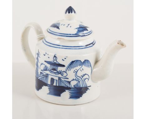 Small Pearlware teapot, domed cover, straight sided form, loop handle, blue painted with a pagoda in a landscape, 10.5cm.