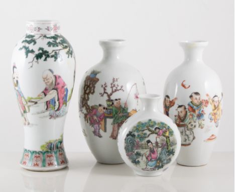 Chinese porcelain bottle vase, decorated with boys playing with a toad, six character mark, 24cm; three similar ovoid vases; 