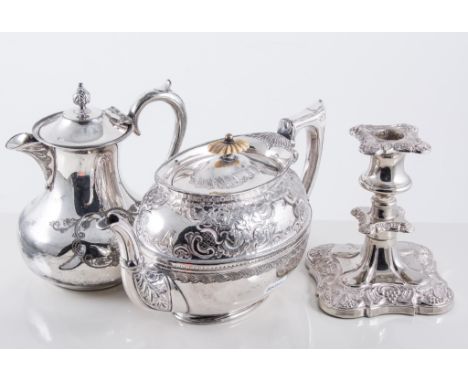 Quantity of plated ware, including teapot coffee pot, decanter labels, etc.