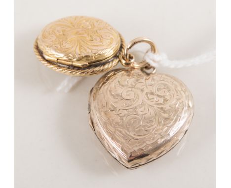 Two yellow metal lockets, a 20mm heart with engraved pattern to back and front and a 20mm oval locket with seed pearl cross t