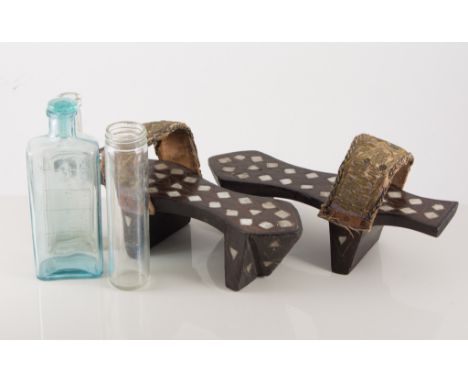Collectables, two wooden fishing reels; boxed vintage travel iron; pair of oriental wooden stilt shoes; vintage cardboard box