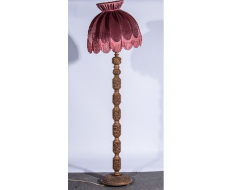 Thai carved teak standard lamp, with shade, overall height 190cm