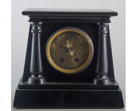 Victorian black slate mantle clock, architectural form, circular dial, French movement, width 34cm, (a.f).