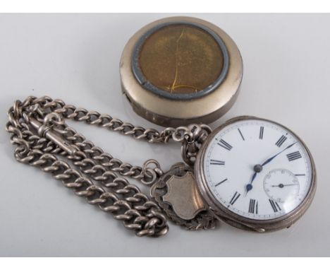 Silver open faced pocket watch, white enamel dial with roman numeral chapter ring, subsidiary seconds dial, engine turned cas