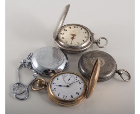 Six various pocket watches, a silver open face pocket watch with engraved silver dial, roman numeral chapter ring, subsidiary
