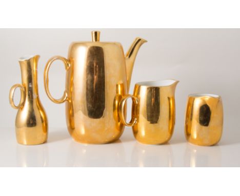 Six pieces of Royal Worcester, Tea and Coffee Ware, gold-lustre, plus one pot lid, (7).
